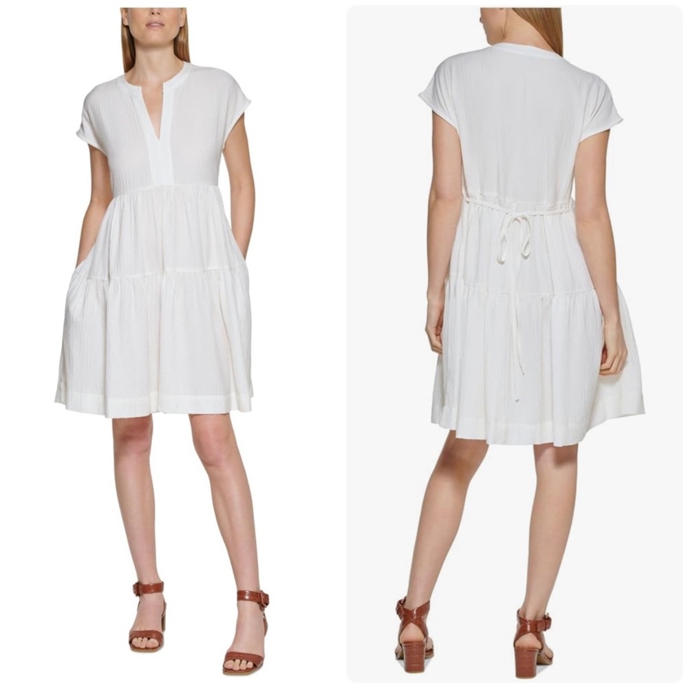 Calvin Klein Gauze Tiered Tie Back Shift Dress